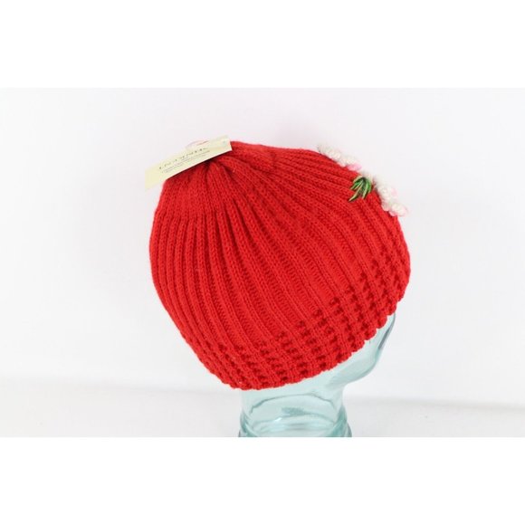 NOS Vintage 90s Streetwear Womens Chunky Knit Floral Flower Beanie Hat Cap Red main image 6